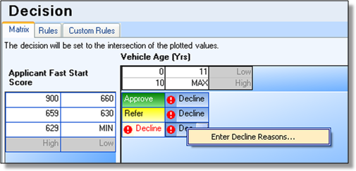 Select a cell or range of cells and right-click to enter Decline Reasons