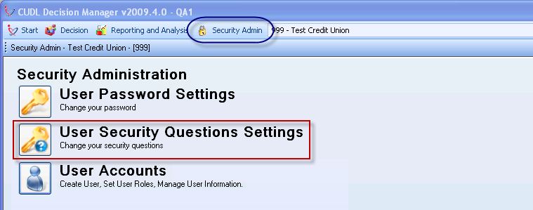 User Security Questions Settings